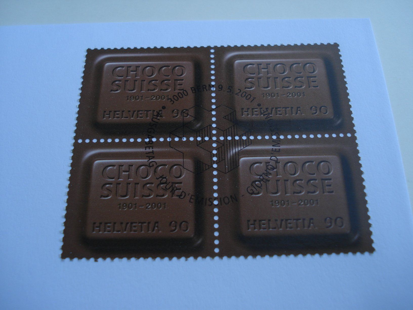 Tous les timbres: Marke Choco Suisse, 2001, FDC Einzel + 4erblock, 2 Bele – D'occasion à Niederwil AG par morostahu