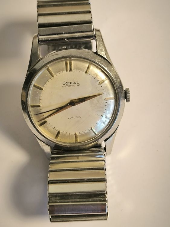 Montre Automatique Vintage Consul Compressor - Occasion, Cadran Blanc Abîmé, Mouvement Mécanique