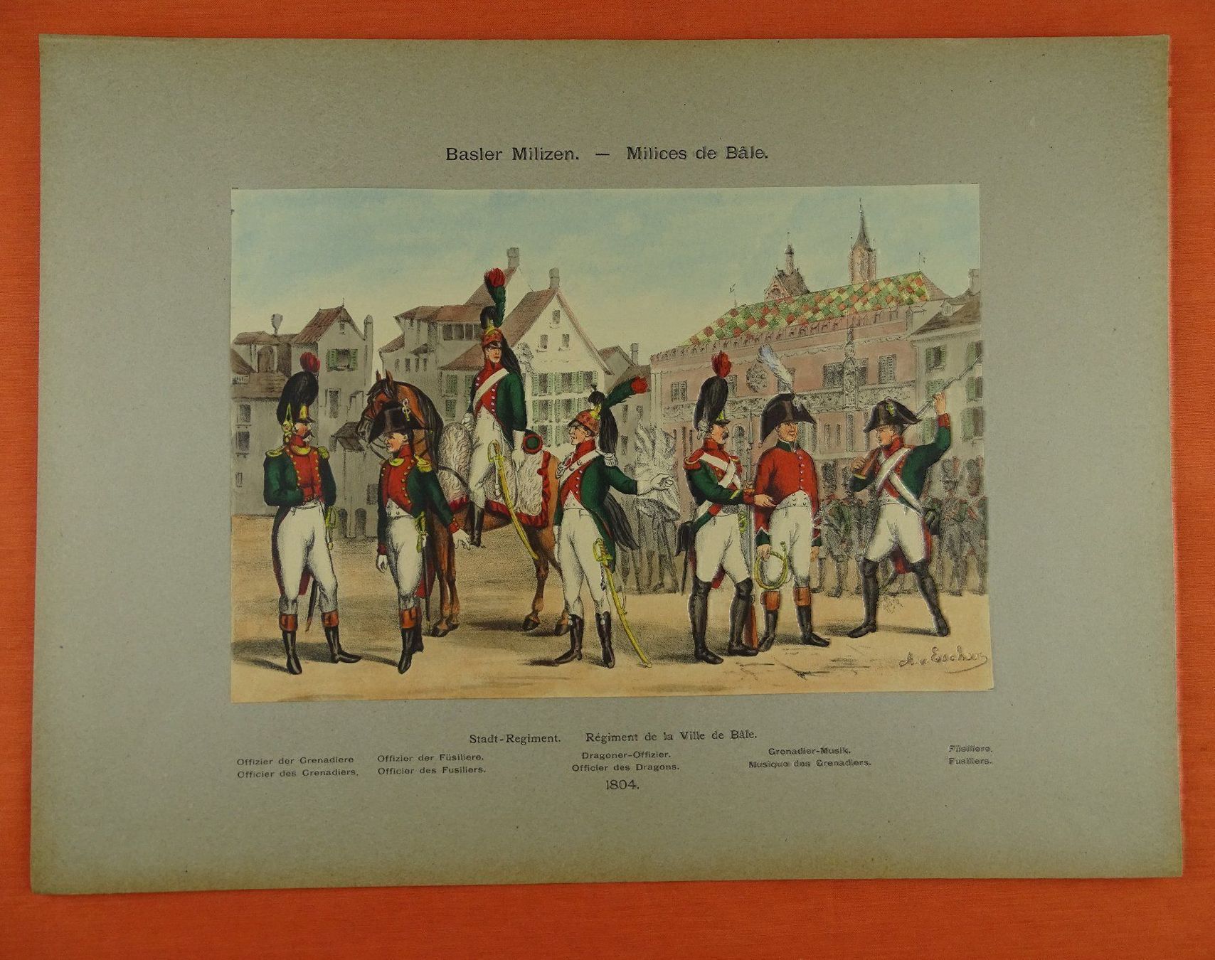 Grafiken & Lithographien: BASLER MILIZEN, LITHOGRAPHIE UM 1890 – Gebraucht aus Grüningen von Kartensammler 1