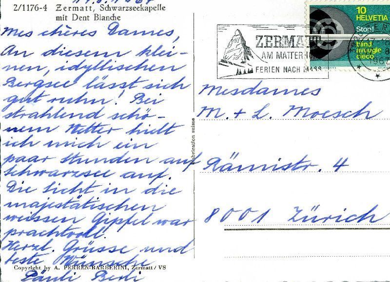 Cartoline postali: Zermatt - Schwarzseekapelle + 1967 – Usato da Emmenbrücke venduto da teestube 1