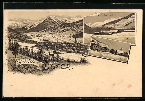 Cartoline postali: Lithographie Davos, Kurhaus, Davoser See – Usato da Berlin venduto da bartko-reher