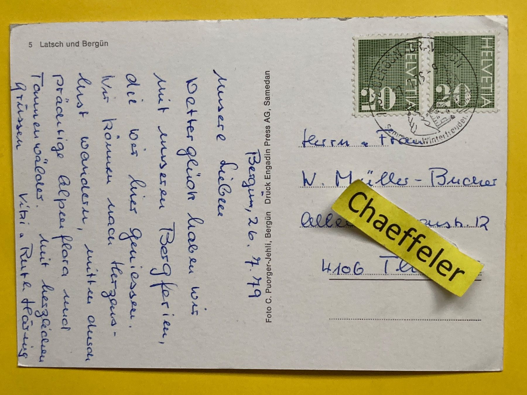 Cartoline postali: 1975. 5  Latsch und Bergün – Usato da Zürich venduto da Chaeffeler 1