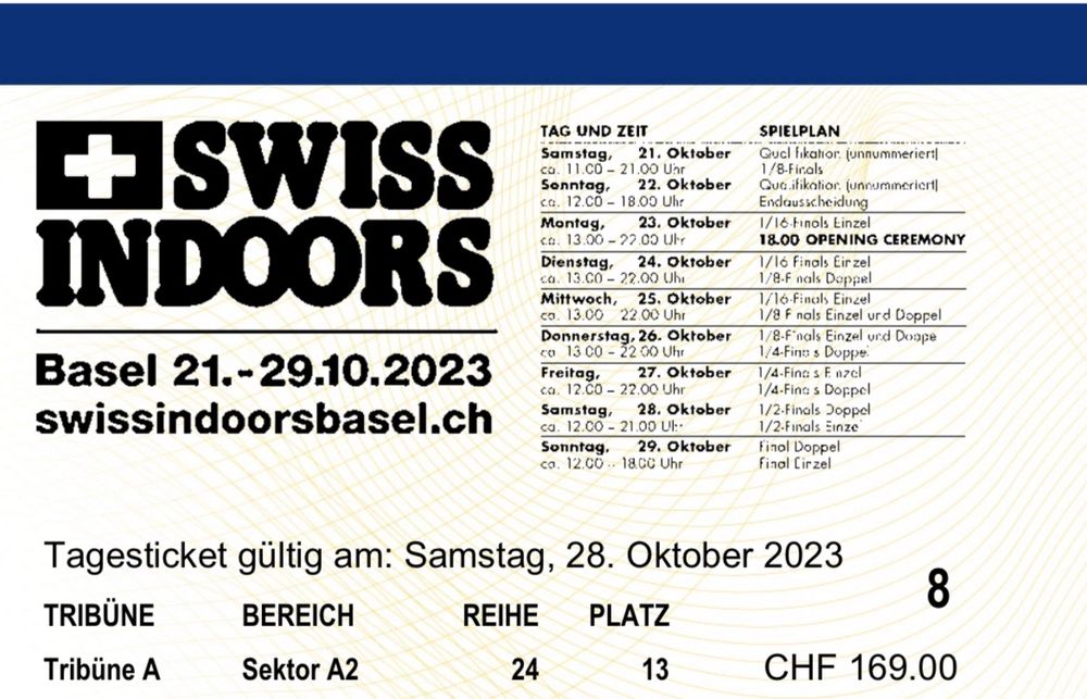 2x Tagestickets Semi Finals Swiss Indoors Basel 28.10 Kaufen auf Ricardo