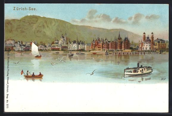 Cartoline postali: Zürich, Blick auf den See mit Dampfer,  – Usato da Berlin venduto da bartko-reher