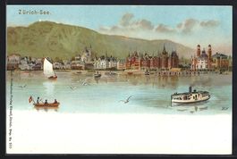 Zürich, Blick auf den See mit Dampfer, 