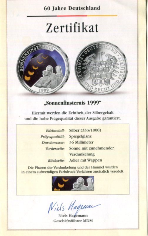Medaglie: Silbermedaille - Sonnenfinsternis 1999 – Nuovo e nell'imballaggio originale da Basel venduto da Butsch5 2