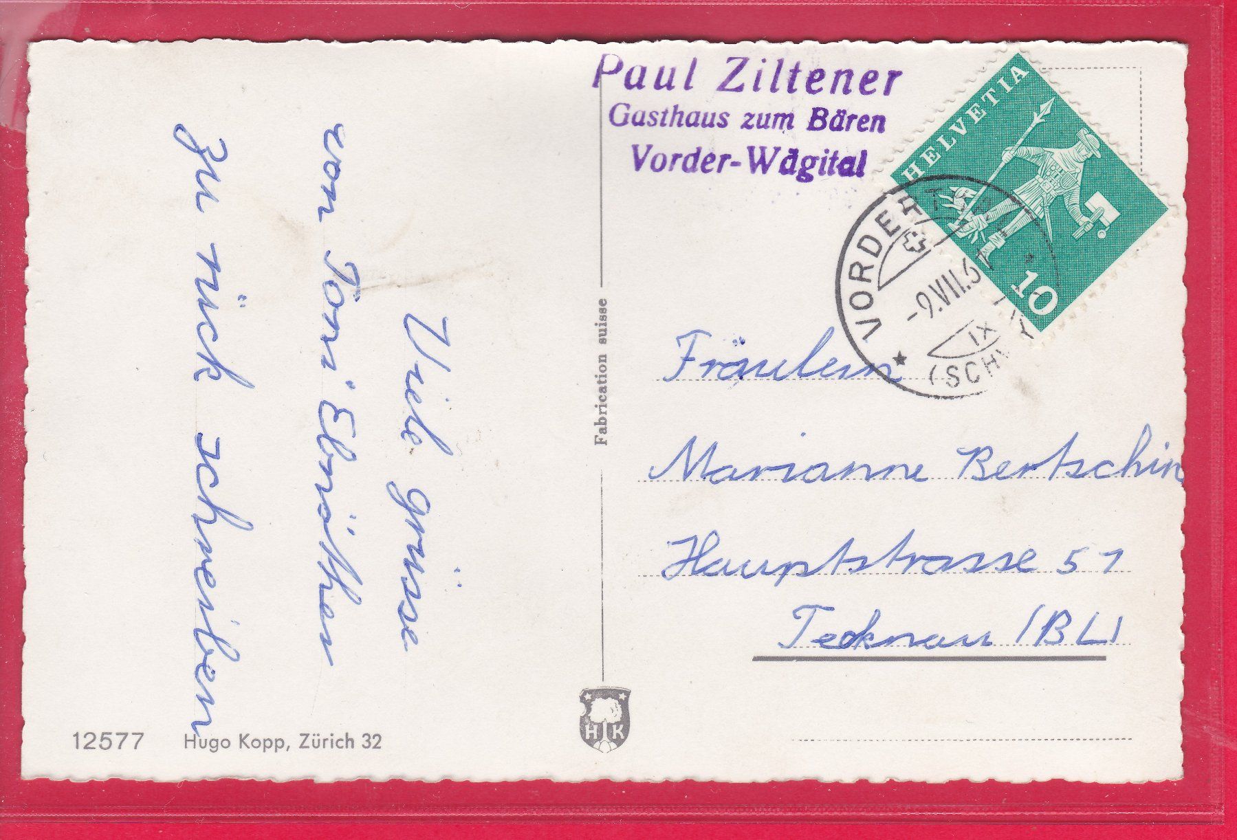 Ansichtskarten: VORDERTHAL (SCHWYZ), 9.7.1961 – Gebraucht aus Oberrieden von Gebirgsstelze 1