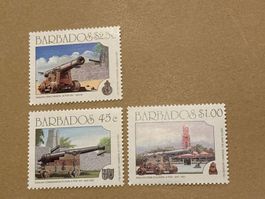 3 Barbados Briefmarken Kanonen Forts Militär Geschichte