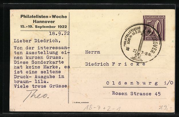 Cancelleria postale: Hannover, Philatelisten-Woche 1922, Stad – Usato da Berlin venduto da bartko-reher 1
