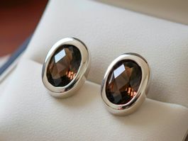 Oval Silber 925 Rauchquarz Ohrstecker (rhodiniert) - Neu