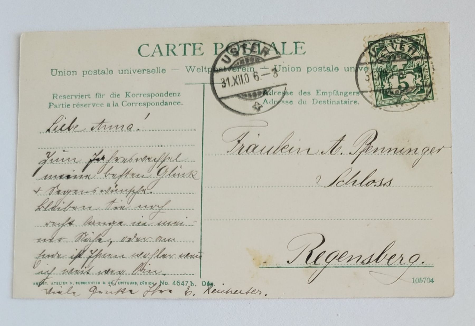 Cartoline postali: Ansichtskarte Winter Uster mit Stempel und Briefmarke 1906 – Usato da Opfikon venduto da Diversamente 1