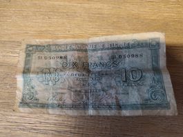 Banknote 10 Franken Belgien 1943 gebrauchter Zustand