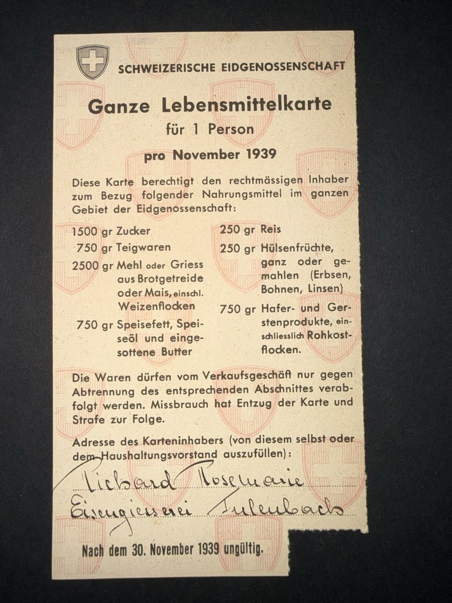 Documenti: Rationskarte Lebensmittel 1939 – Usato da Grenchen venduto da Bastet007