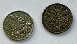 2 Stück Three Pence 1932 u 1934, Silber
