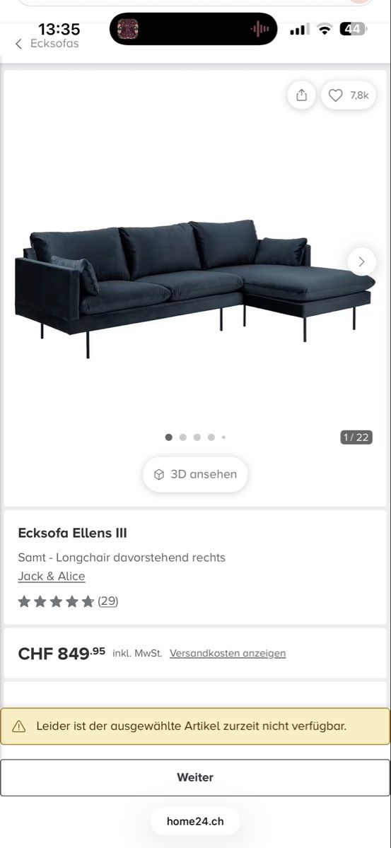 Divani: Ecksofa Samt Longchair Jack & Alice Dunkelblau 242cm – Usato da Wetzikon ZH venduto da len_cmz7 2