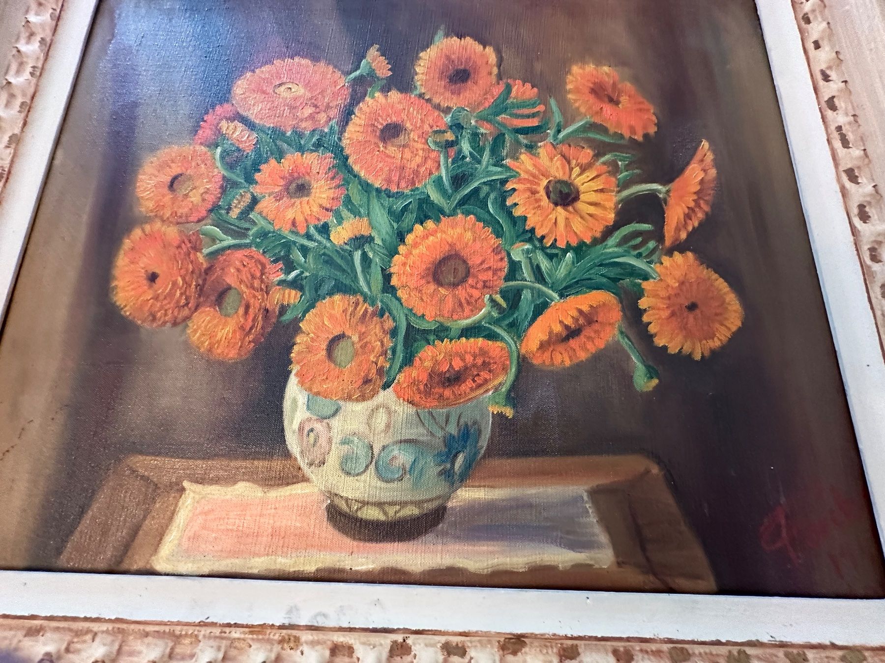 Dipinti: Tableau ancien, nature morte, fleurs oranges, vintage. – Usato da Lausanne venduto da artnouveau04 1
