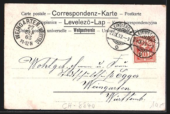 Ansichtskarten: AK Einsiedeln, Ortsansicht, 1903 – Gebraucht aus Berlin von bartko-reher 1