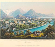 Interlaken  Aquatinta altkoloriert grosse Ansicht