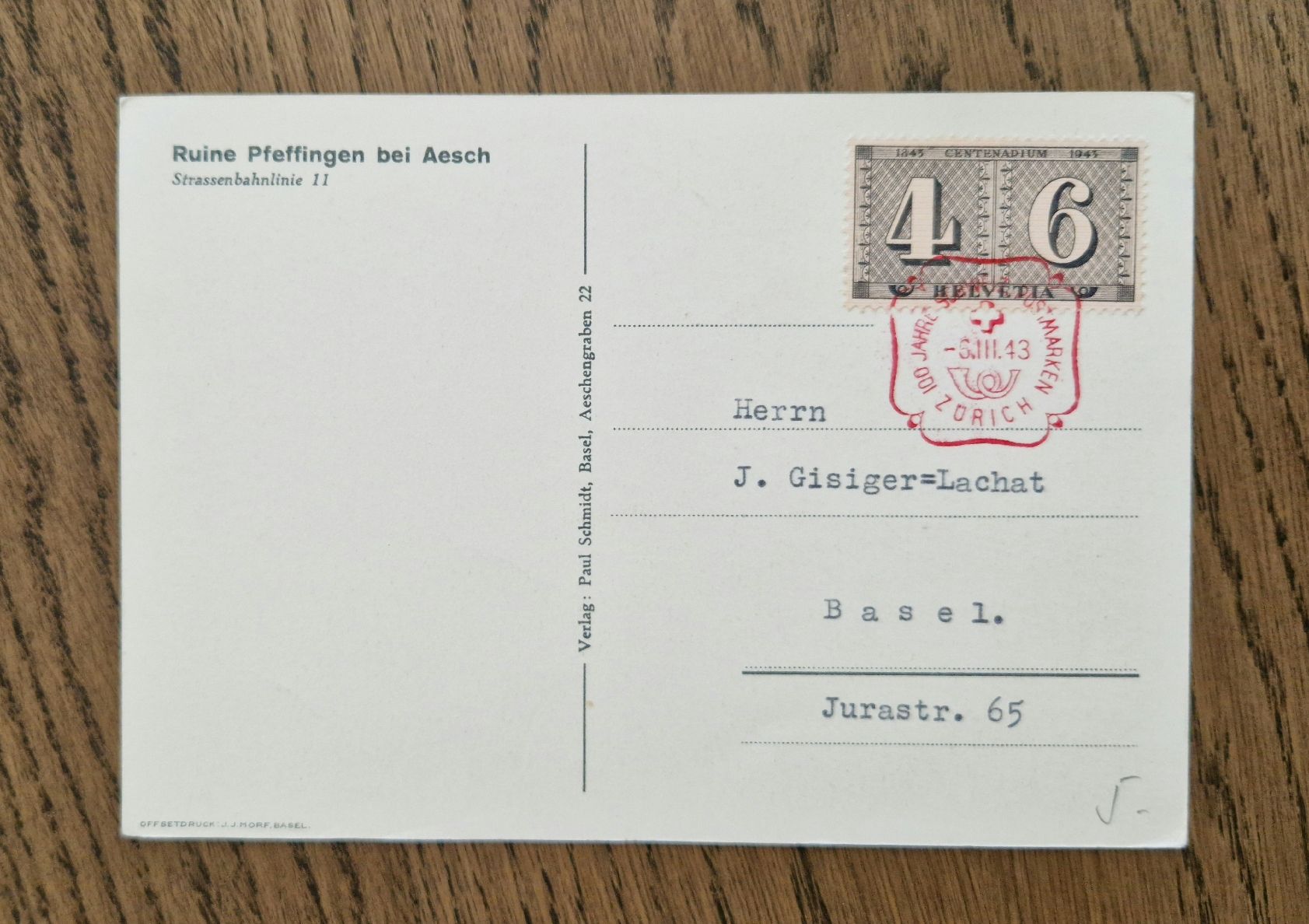 Cartoline postali: 100 Jahre Schweiz. Postmarken 1943, Ansichtskarte – Usato da Ebikon venduto da Donar50 1