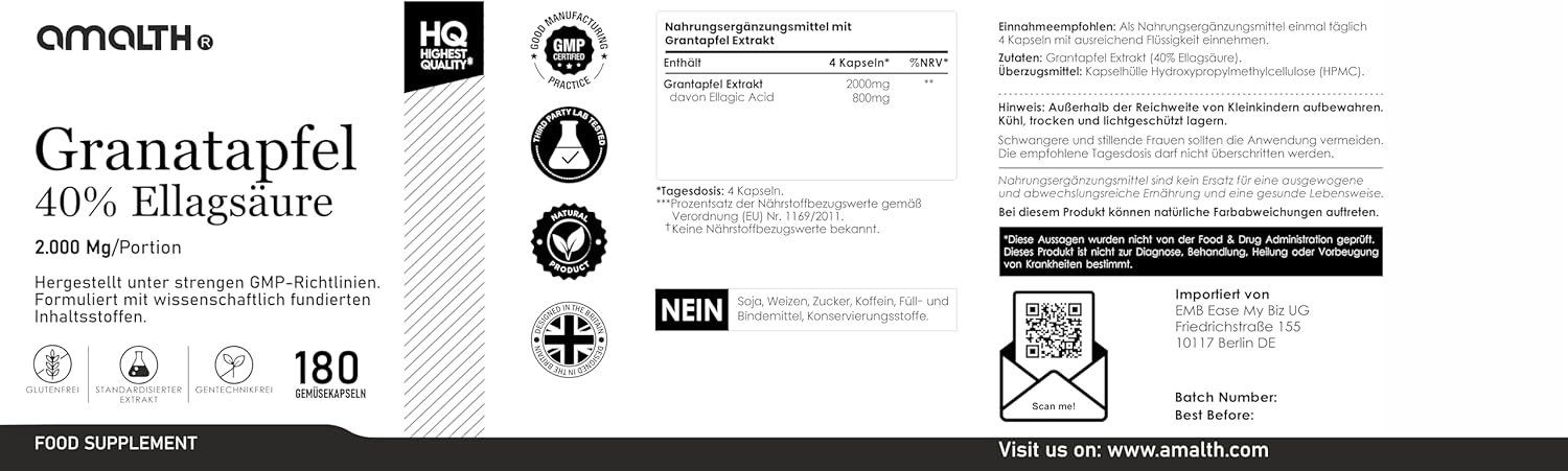 Lebensmittel & Spezialitäten: Granatapfel Kapseln 2000mg 40% Ellagsäure – Neu und originalverpackt aus Suhr von TradeMasters 1