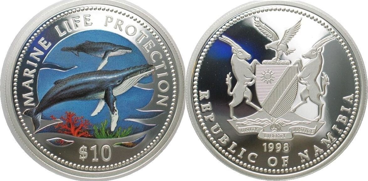 Alle Münzen: NAMIBIA 10 Dollars 1998 BUCKELWALE Silber FARBE, SELTEN! PP – Gebraucht aus Riehen von sesambestcoins2004