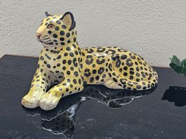 Keramikfigur Leopard Ruhepose Italienisch Handarbeit Vintage