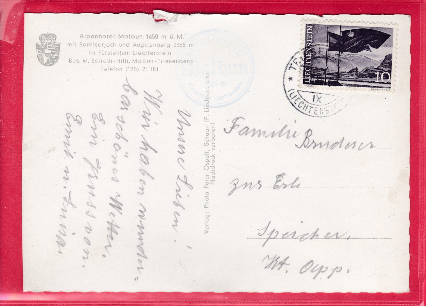 Cartes postales: ALPEN-HOTEL MALBUN, 4.8.1961 (AUTOS - POSTAUTO) – D'occasion à Oberrieden par Gebirgsstelze 1