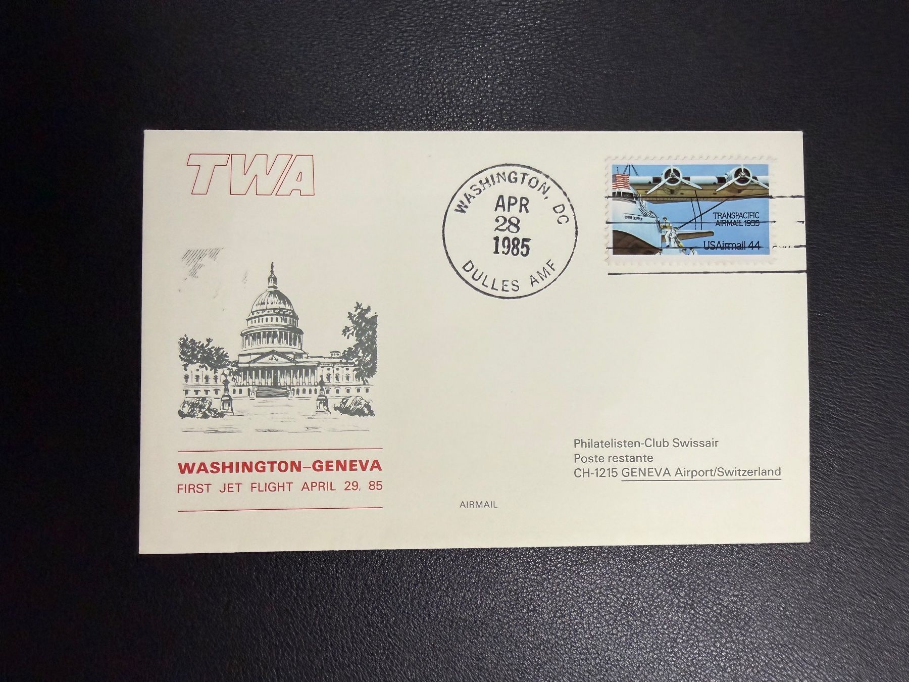 Tous les timbres: TWA Erstflugbrief Washington-Genf 1985 – D'occasion à oberrüti par jeanmei