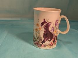 Tasse, 2 Katzen auf der Wiese, englisches Porzellan