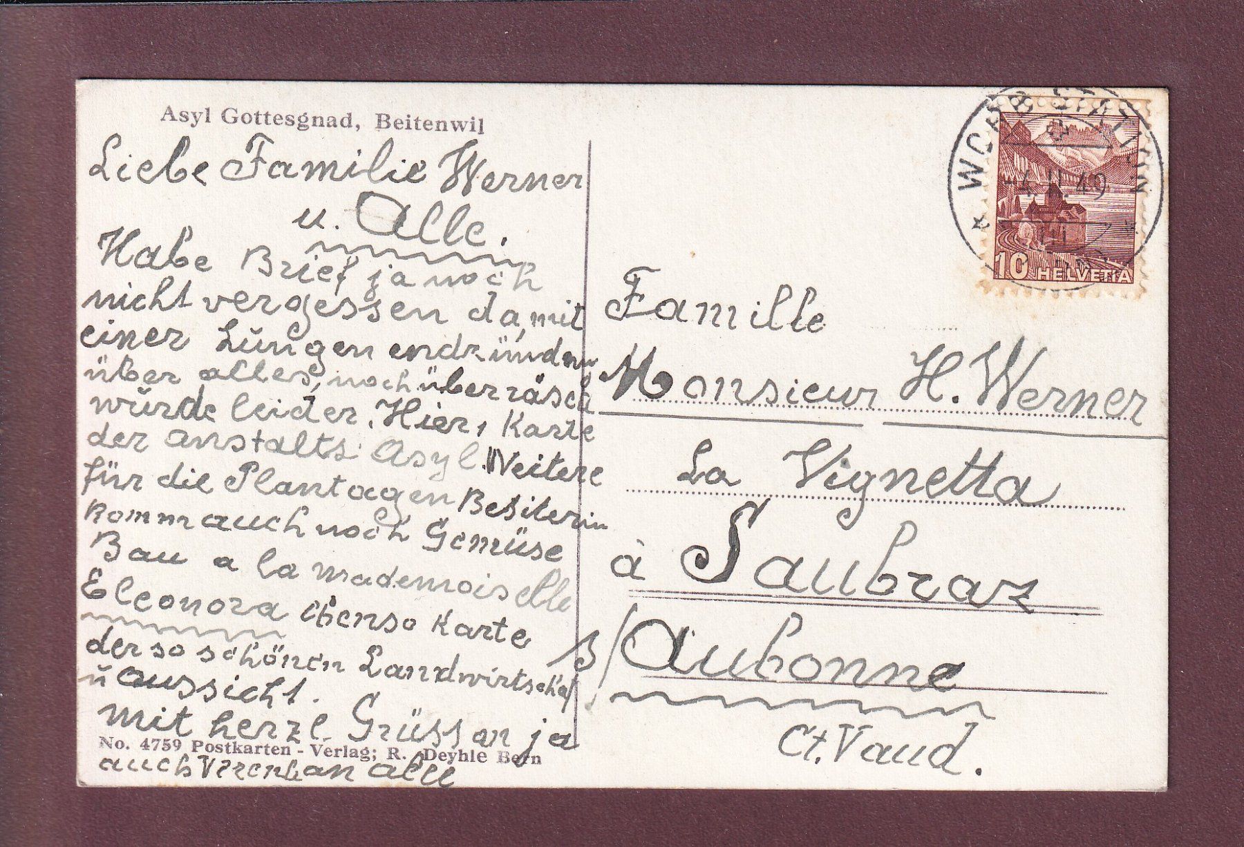 Cartes postales: BEITENWIL - Asyl Gottesgnad - 1949 – D'occasion à Pully par nicecards 1