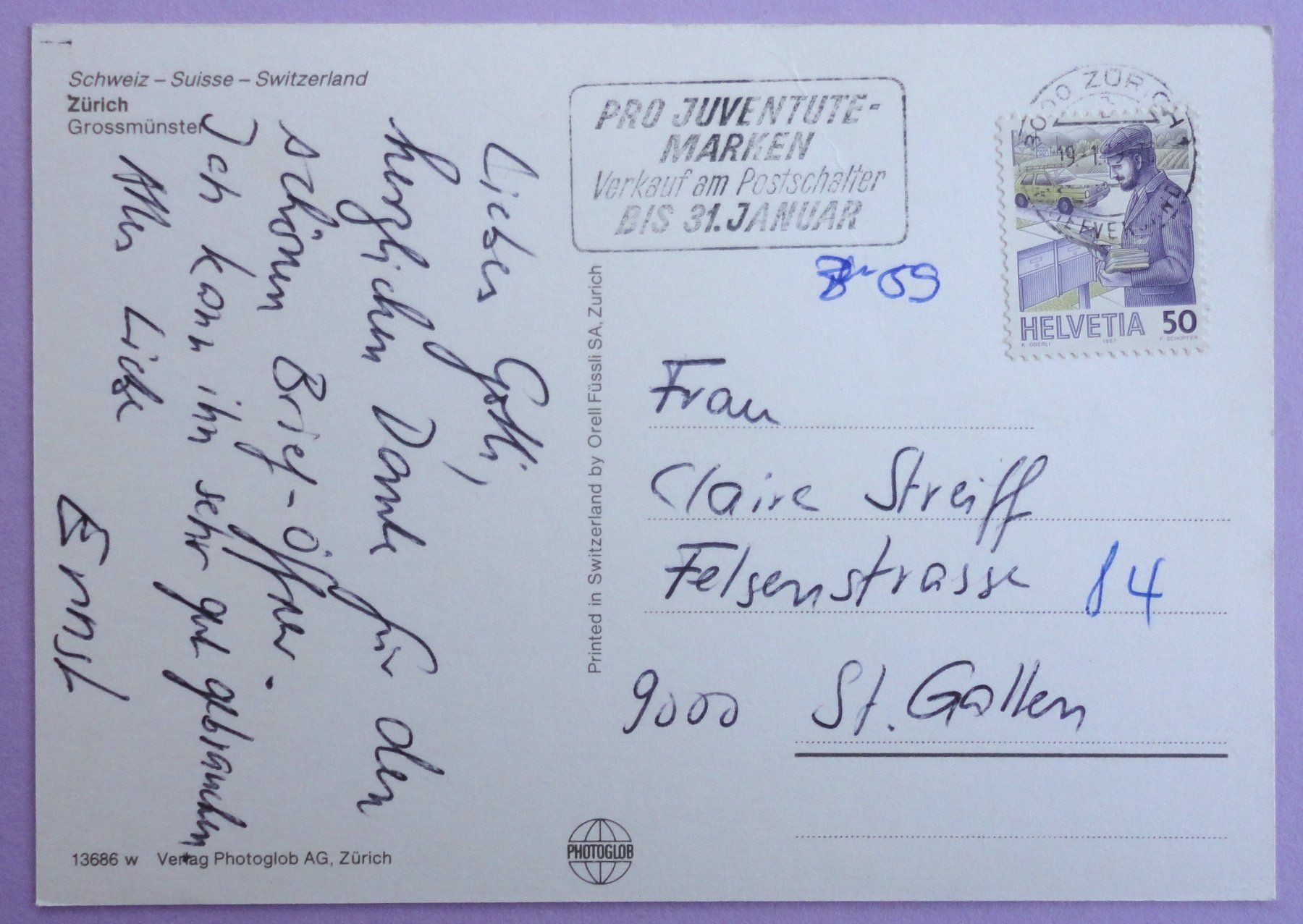 Cartoline postali: Zürich, Grossmünster – Usato da Fétigny venduto da Billy2miny 1