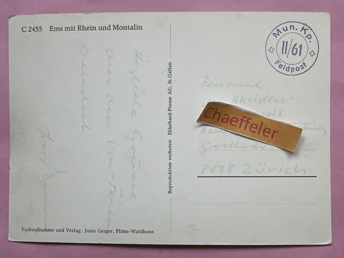 Cartoline postali: Feldpost: C 2455 Ems mit Rhein und Montalin – Usato da Zürich venduto da Chaeffeler 1