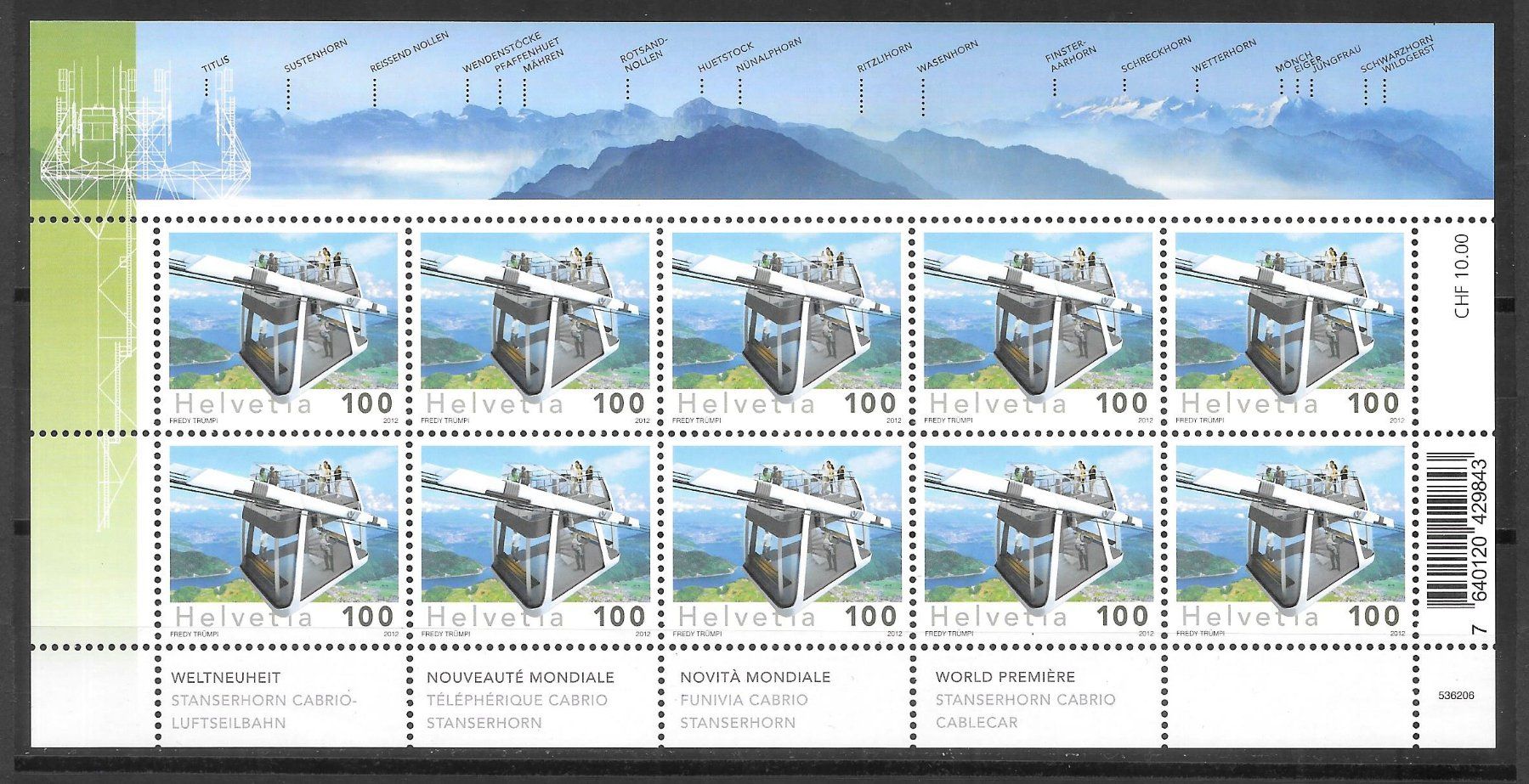 Tutti i francobolli: Kleinbogen 1433 Stanserhorn Cabrio Luftseilbahn ** 9.5.2012 – Nuovo (secondo la descrizione) da Olten venduto da clotaldi