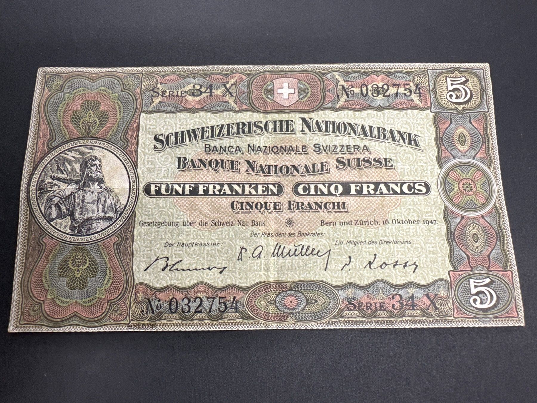 Banknoten: 5 Fr.-Note Schweiz 1947 – Gebraucht aus Herisau von herau
