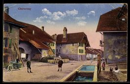 AK Chavornay, Straßenpartie mit Pferdetränken und Kindern