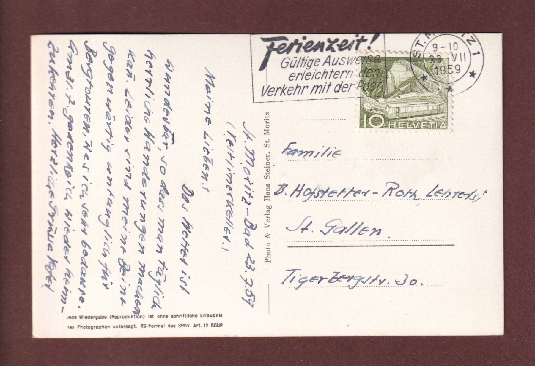 Cartoline postali: ST. MORITZ - 1959 – Usato da Pully venduto da nicecards 1