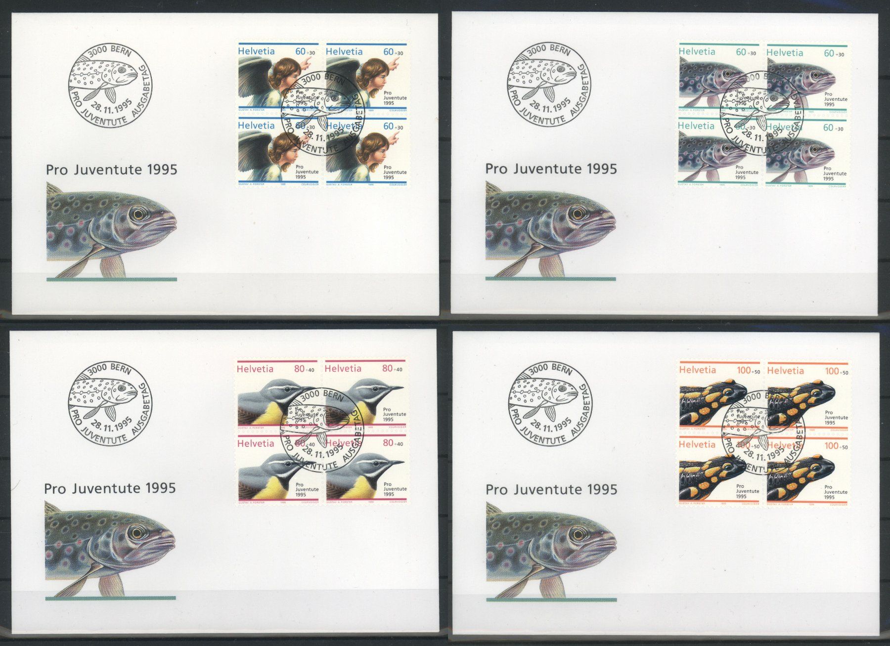 Alle Briefmarken: 1995, FDC, Pro Juventute, Viererblöcke – Gebraucht aus Willisau von Vollstempel