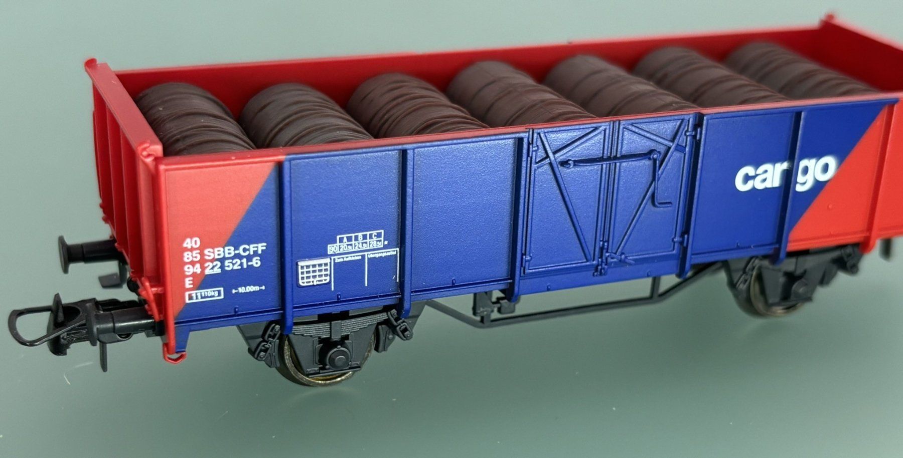 Roco Modellini di ferrovie: SBB CFF CARGO tombereau E chargé avec rouleaux – Usato da SION venduto da Pef12 1