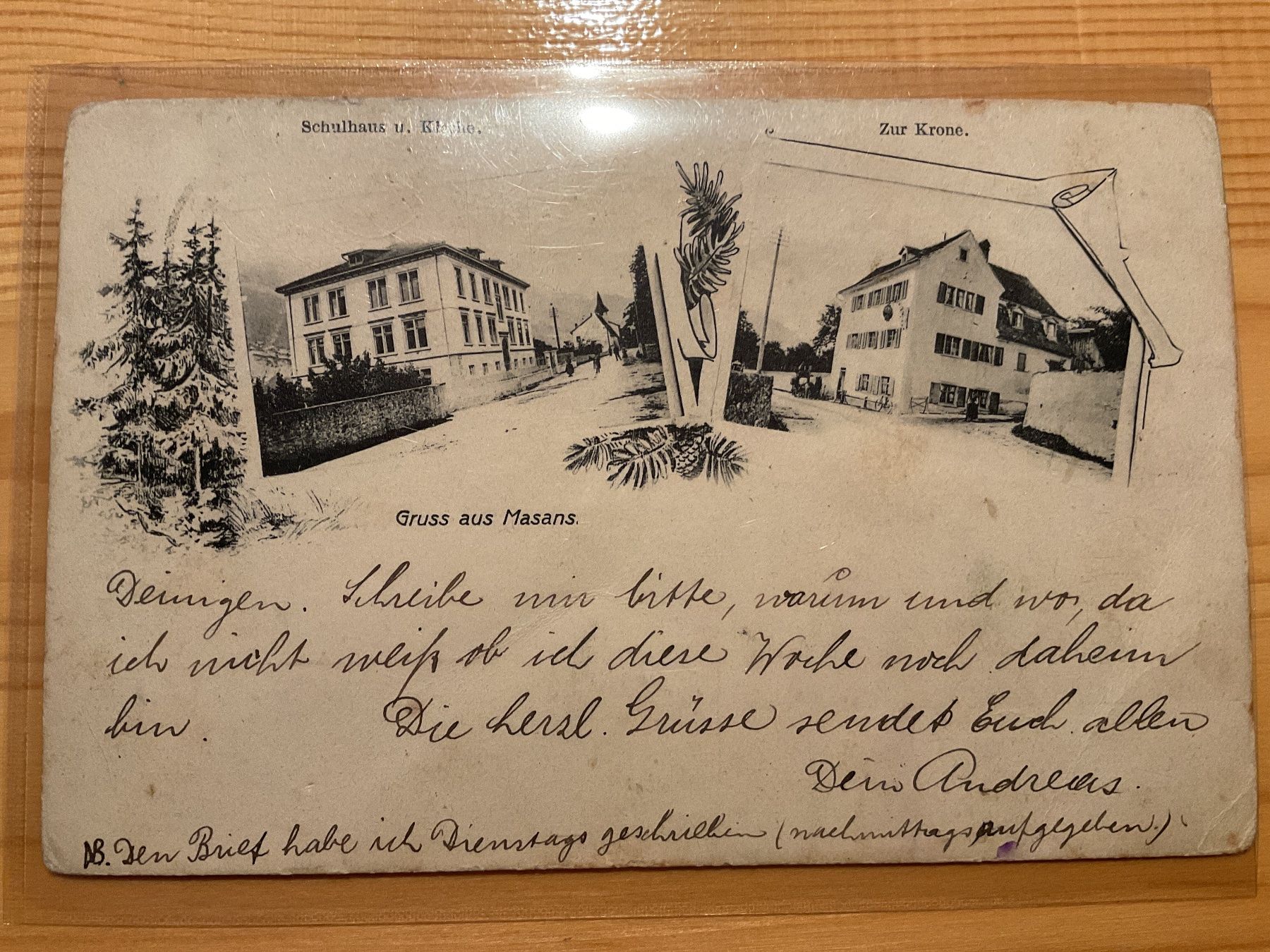 Ansichtskarten: 2 bildrige MASANS Ansichtskarte mit Gasthaus Zur Krone – Gebraucht aus Rheinfelden von ricci62