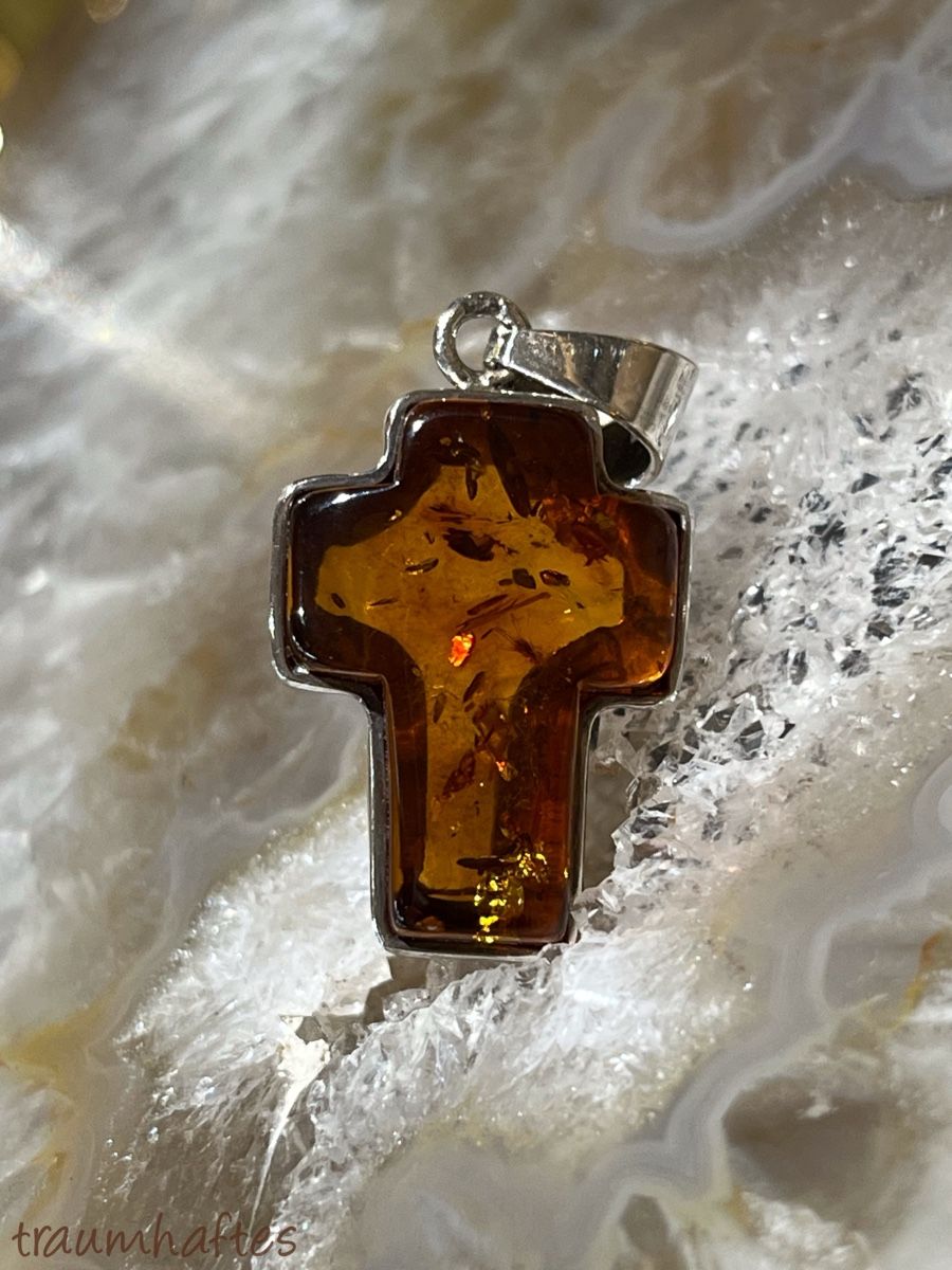 Ciondoli: Bernstein Kreuz in 925 Silber gefasst – Nuovo e nell'imballaggio originale da Thun venduto da Traumhaftes 2