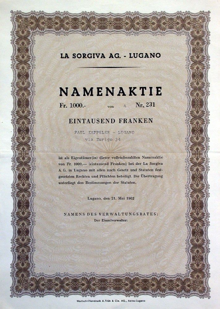 Dokumente: La Sorgiva AG, Lugano - 1962 – Gebraucht aus Solothurn von Sgasche