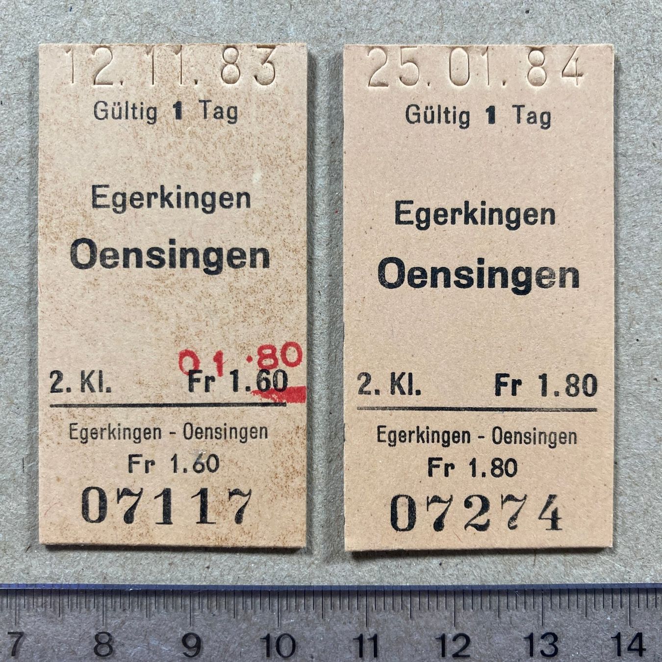 Tickets: 2 Bahnbillette Egerkingen - Oensingen, mit "Preiserhöhung" – Gebraucht aus Lenzburg von fh1