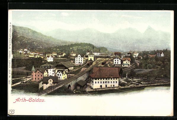 Cartoline postali: Arth-Goldau, Teilansicht mit Bahnstrecke – Usato da Berlin venduto da bartko-reher