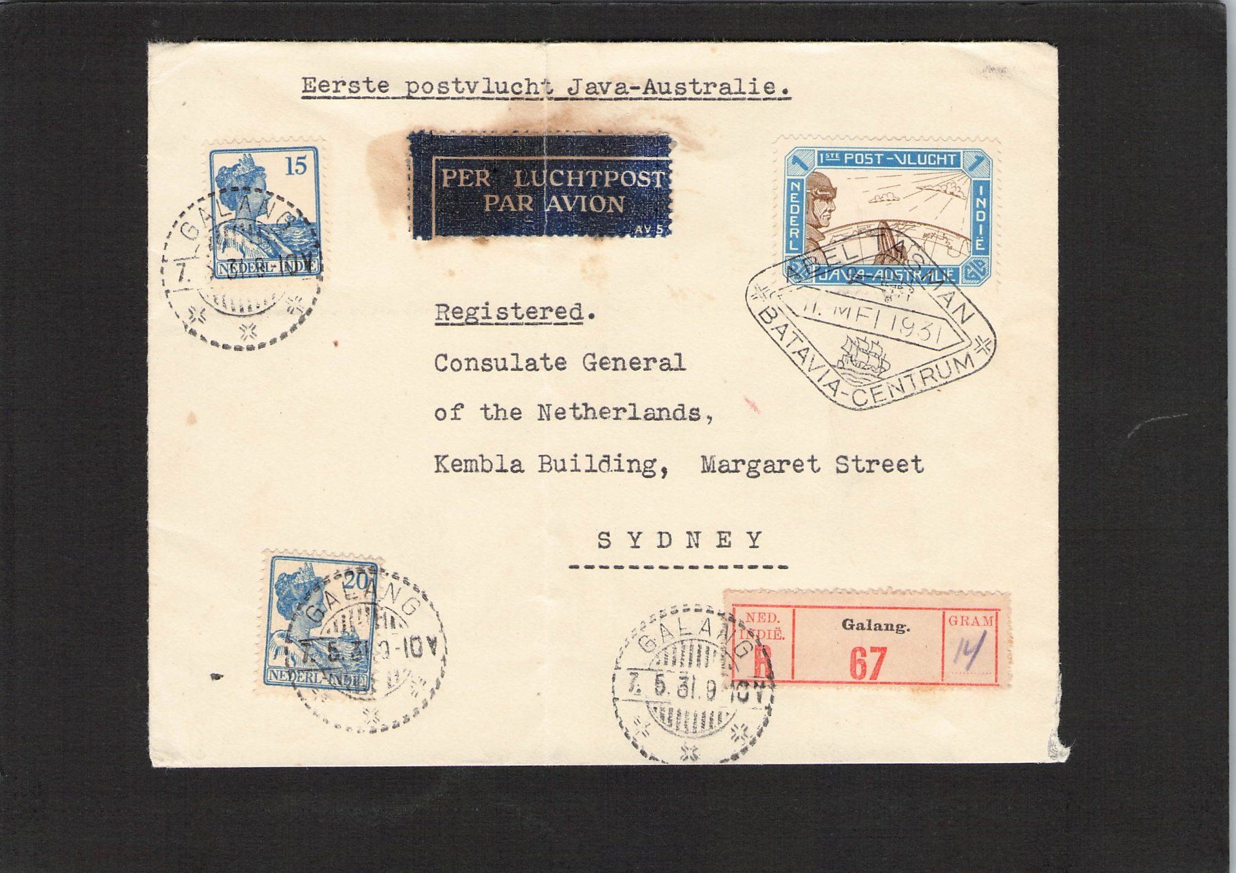 Alle Briefmarken: Niederland/Indie : 1 Luftpost Java-Australien 1931 , – Gebraucht aus Reichenburg von