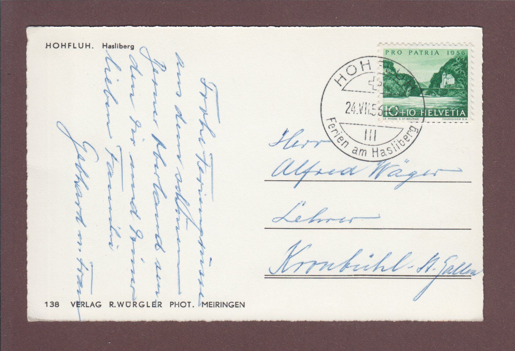 Cartoline postali: HOHFLUH - Hasliberg - 1956 – Usato da Pully venduto da nicecards 1