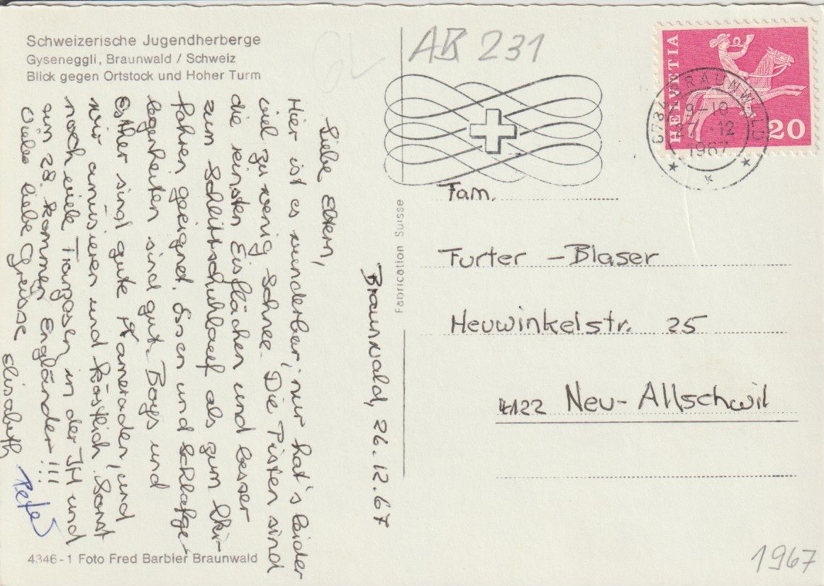 Cartoline postali: AB 231 Braunwald, Jugendherberge, 1967 – Usato da Freienbach venduto da Bhaltis 1