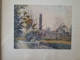 Aquarell Landschaft "Fischer am Bach", signiert und datiert 