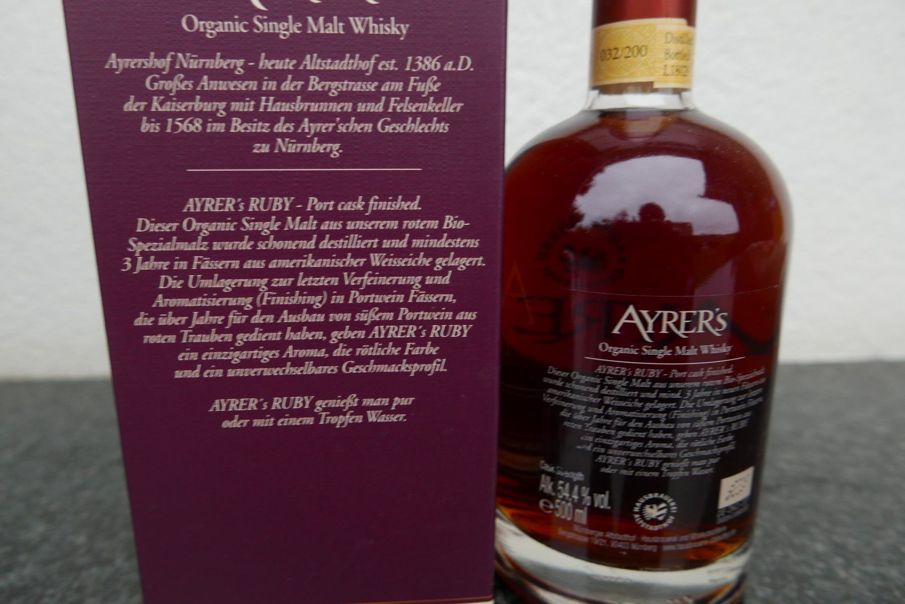 Spirituosen: Ayrer's Ruby Organic Single Malt Whisky 500ml Flasche – Neu und originalverpackt aus Rotkreuz von nigal 4