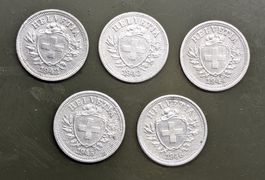 5 x 1 Rappen Münzen Jahrgang 1942, 43, 44, 45, 46 (Zink)