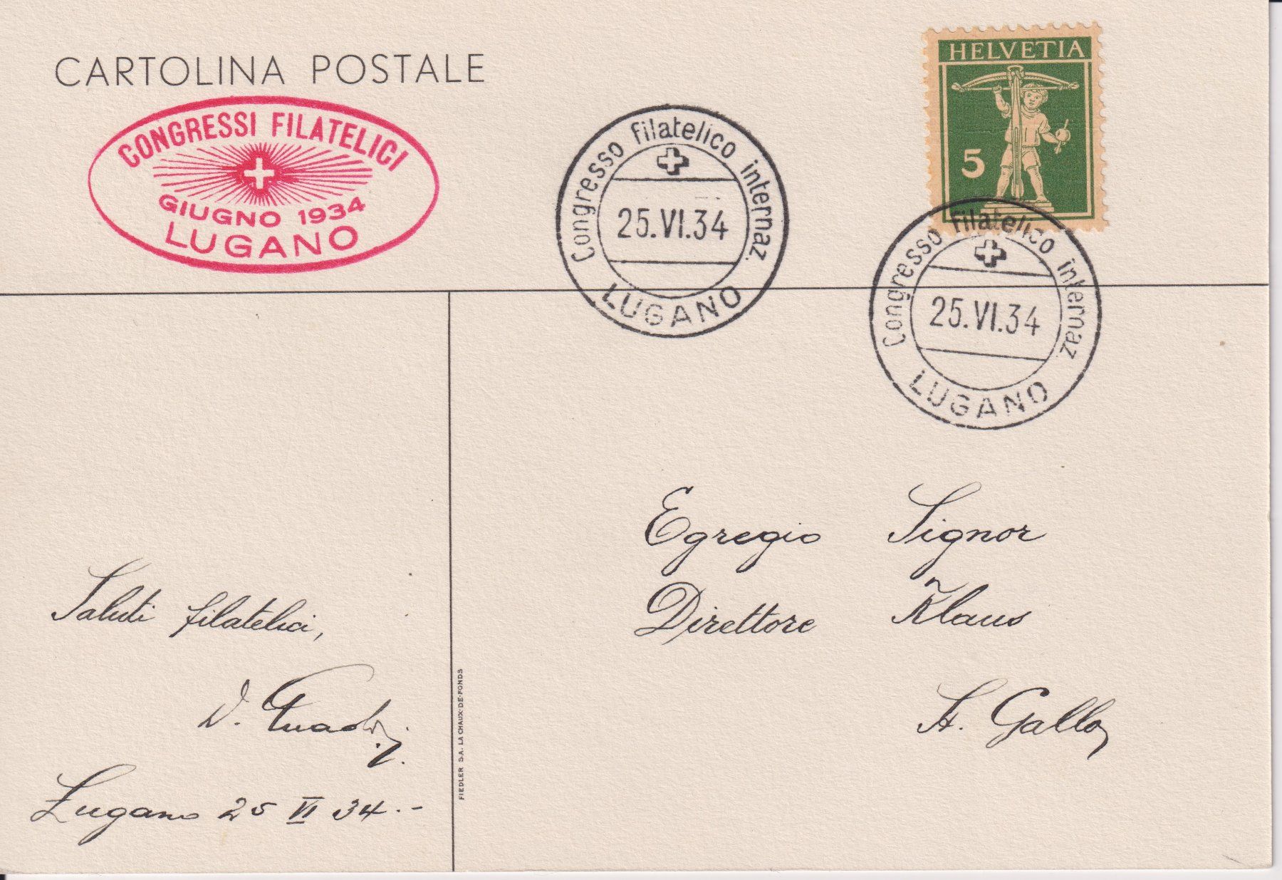 Alle Briefmarken: Philatelistenkongress Lugano 1934 – Gebraucht aus Bellach von qsearch